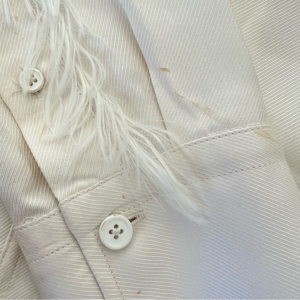 HELMUT LANG Twill Silk Feather Trim Ecru / White Fringe Long Sleeve Blouse Sz XS - Picture 14 of 16
